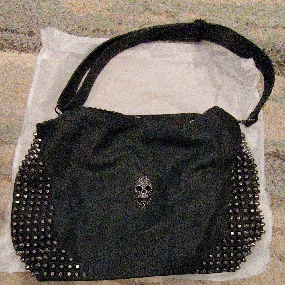 Source Unknown Black Studded Shoulder Bag with Skull Accent